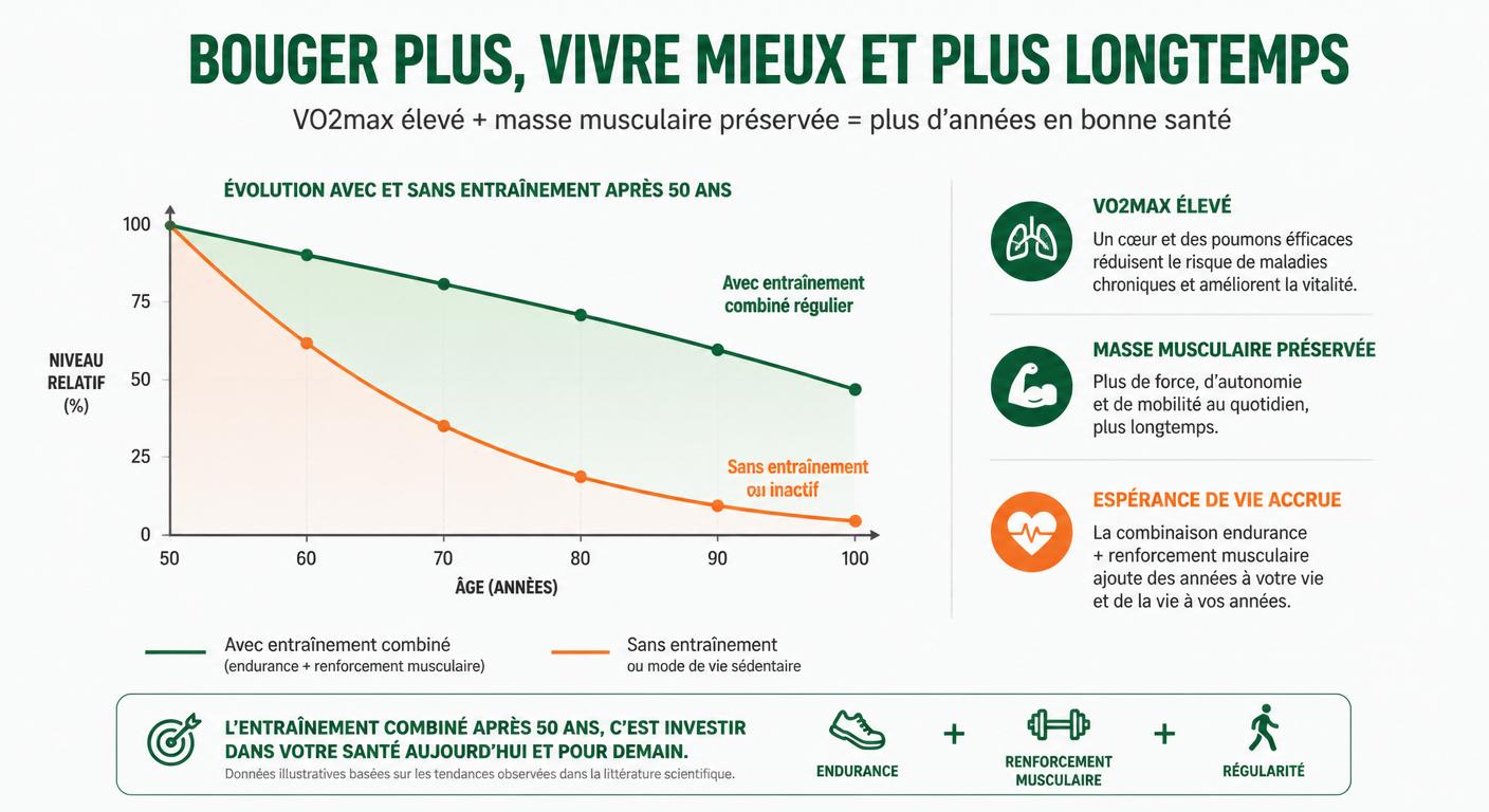 Infographie sur l'impact de la combinaison cardio et musculation sur la longévité