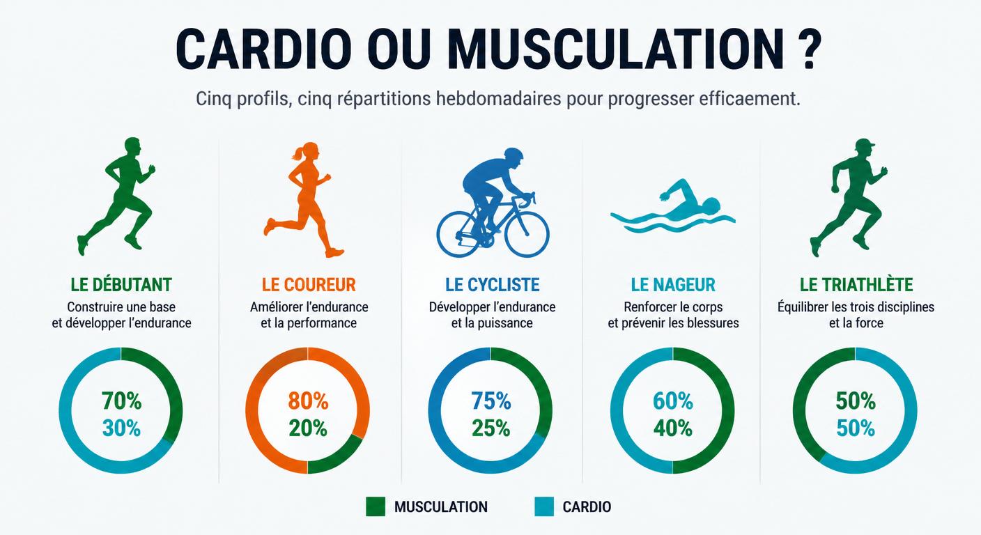 Infographie des cinq programmes hybrides cardio musculation par profil d'athlète