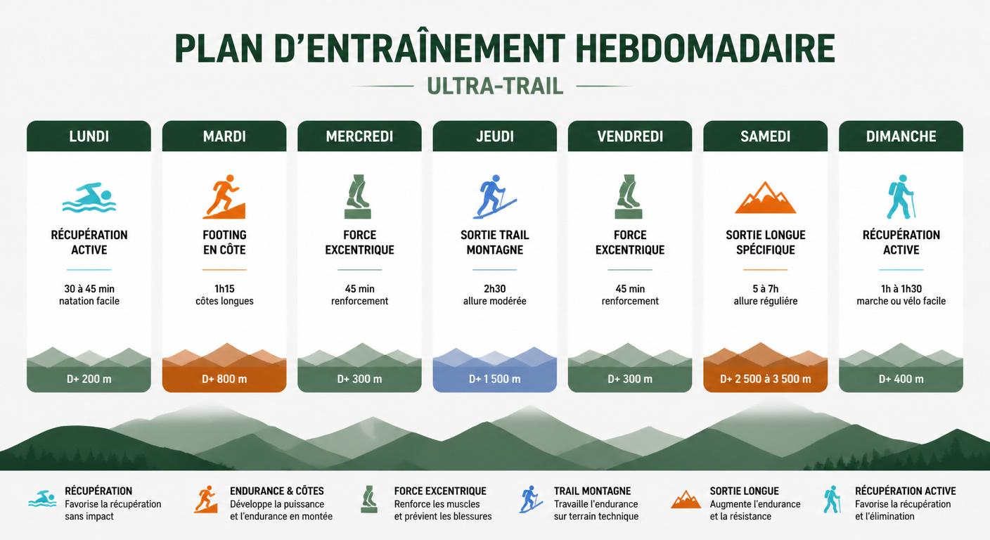Infographie du programme hebdomadaire ultra-trail avec musculation excentrique