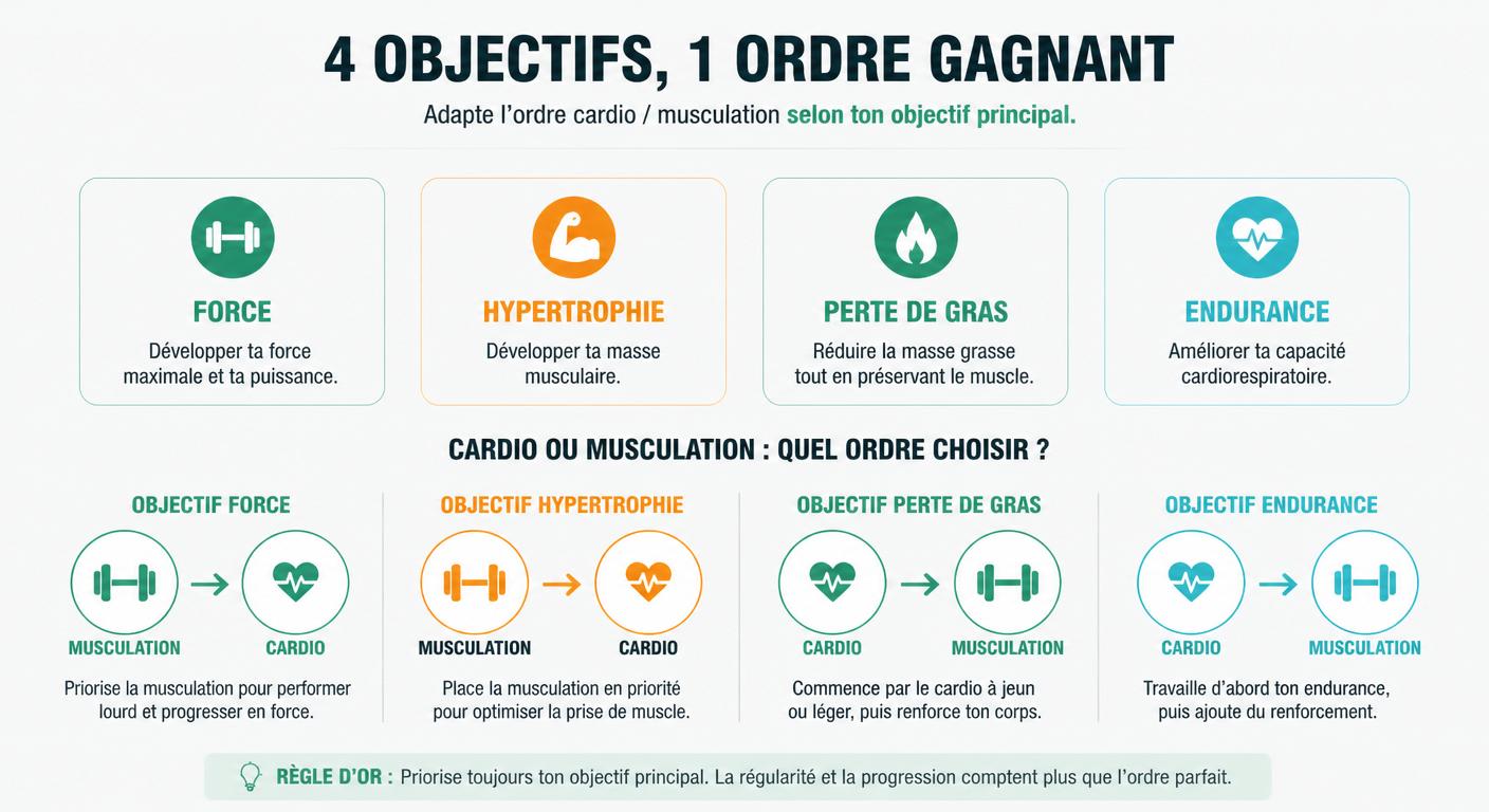 Infographie de l'ordre cardio musculation selon l'objectif d'entraînement