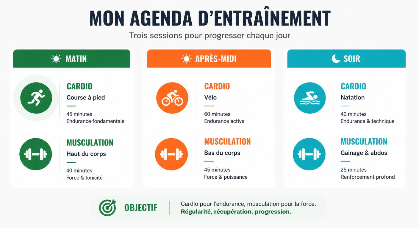 Infographie de trois schémas d'organisation journalière cardio et musculation