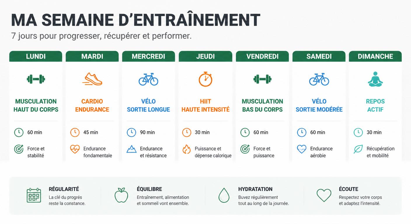 Infographie d'un plan hebdomadaire combinant cardio et musculation sur 5 séances