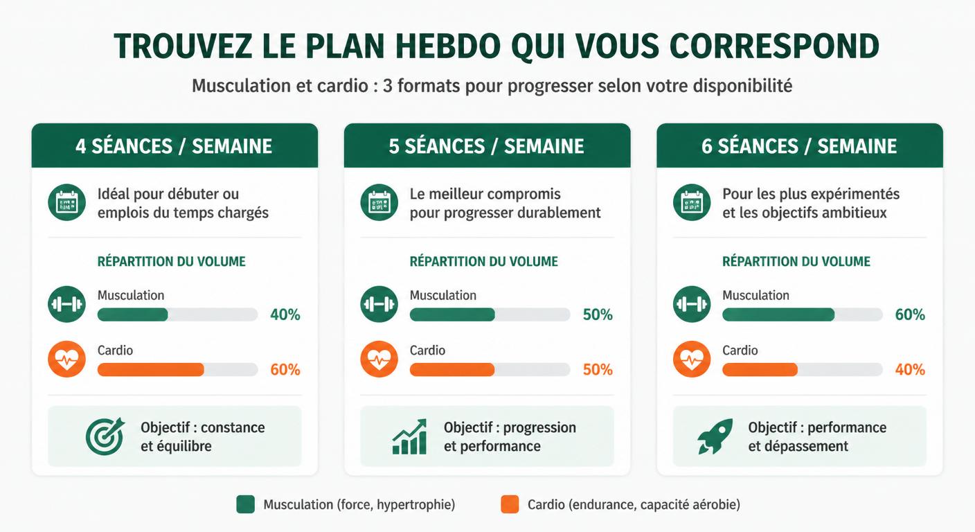 Infographie comparant les plans hebdomadaires de 4, 5 et 6 séances