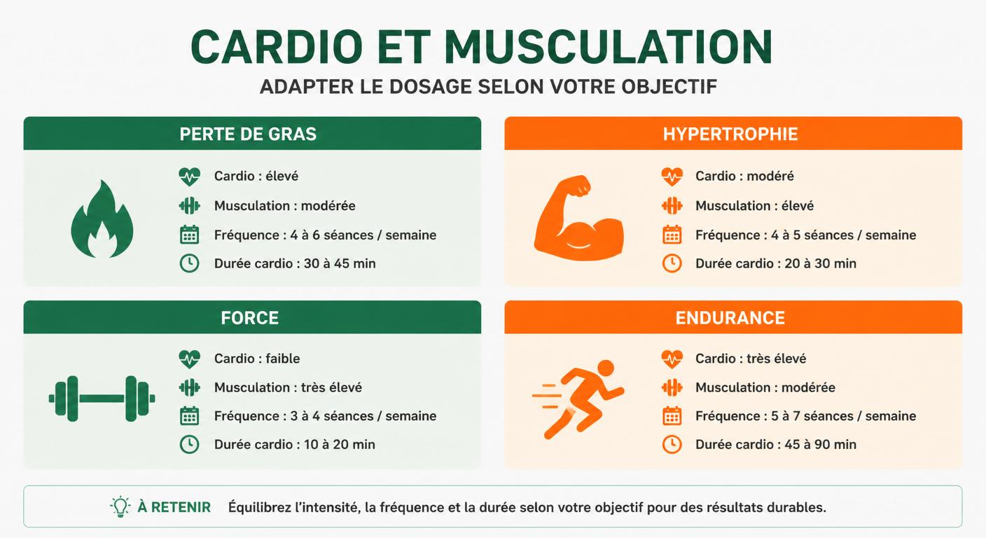 Infographie matricielle des dosages cardio musculation selon quatre objectifs