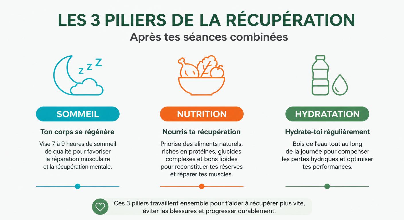 Infographie des trois piliers de la récupération après séance mixte cardio et musculation