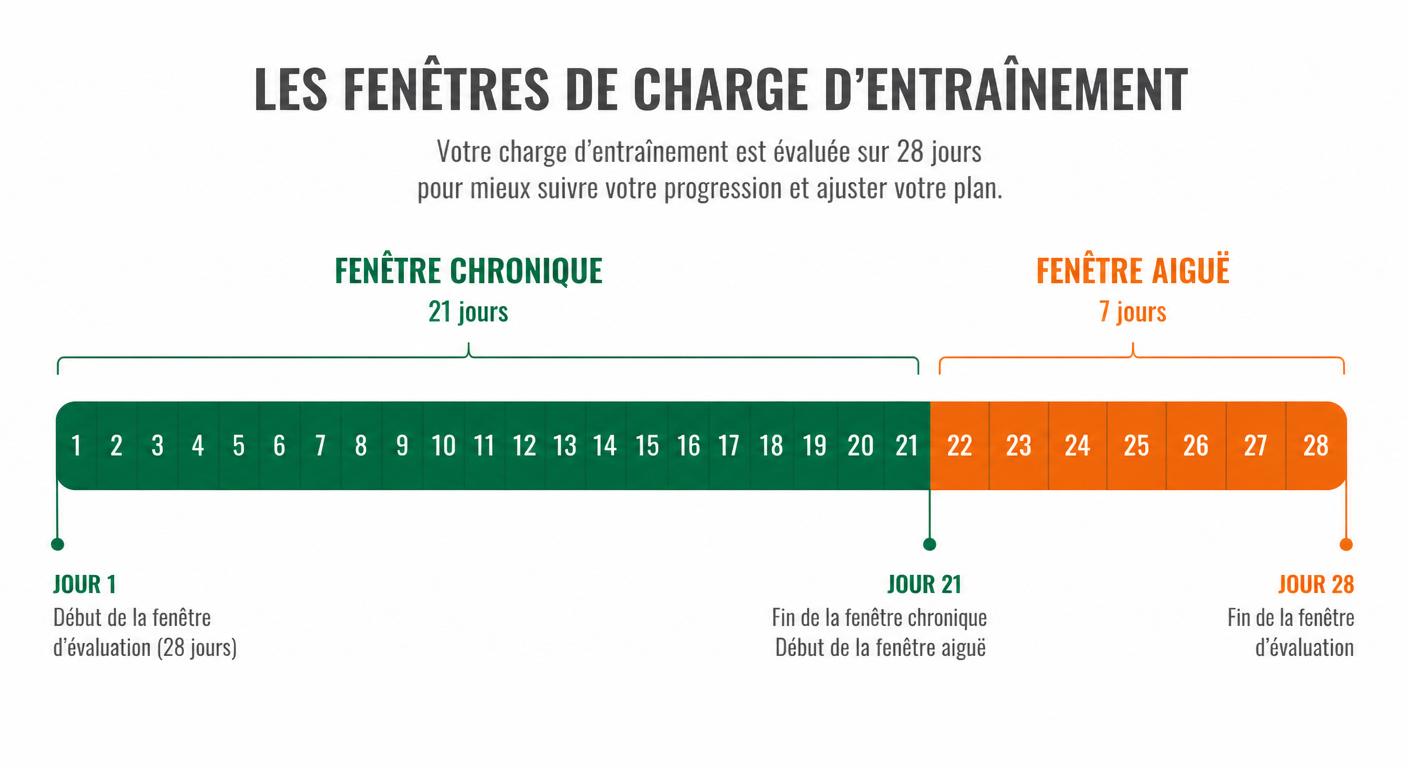 Schéma des fenêtres de charge aiguë et chronique sur 28 jours en CrossFit