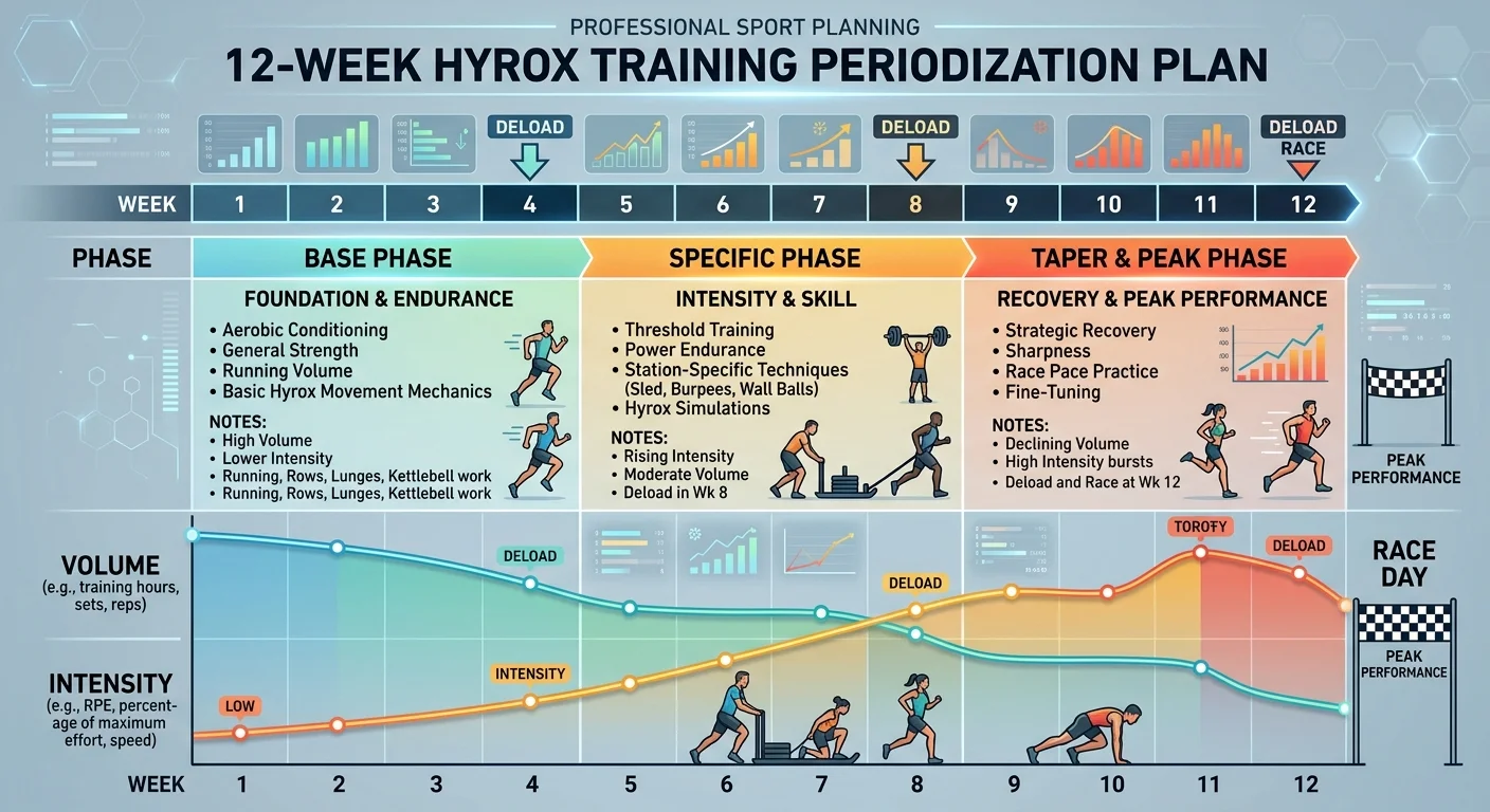 Plan de périodisation Hyrox sur 12 semaines avec phases et décharges