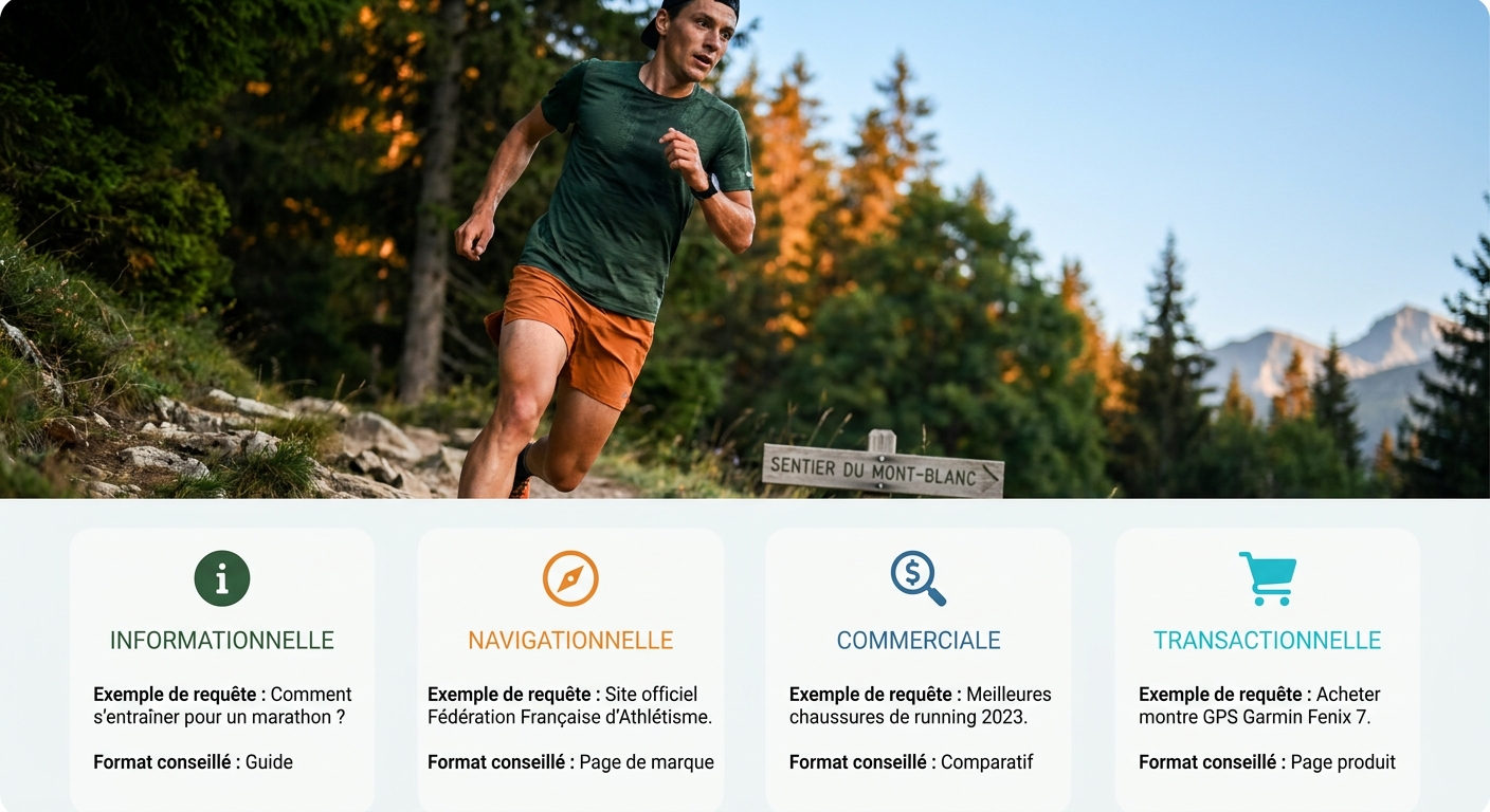 Infographie expliquant les quatre intentions de recherche et les formats de contenu recommandés