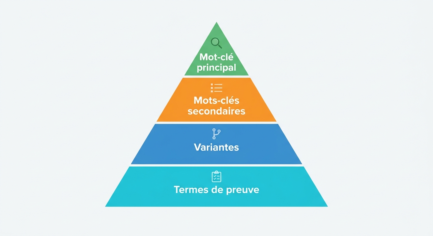 Infographie montrant une pyramide de mots-clés du principal aux variantes et termes de preuve