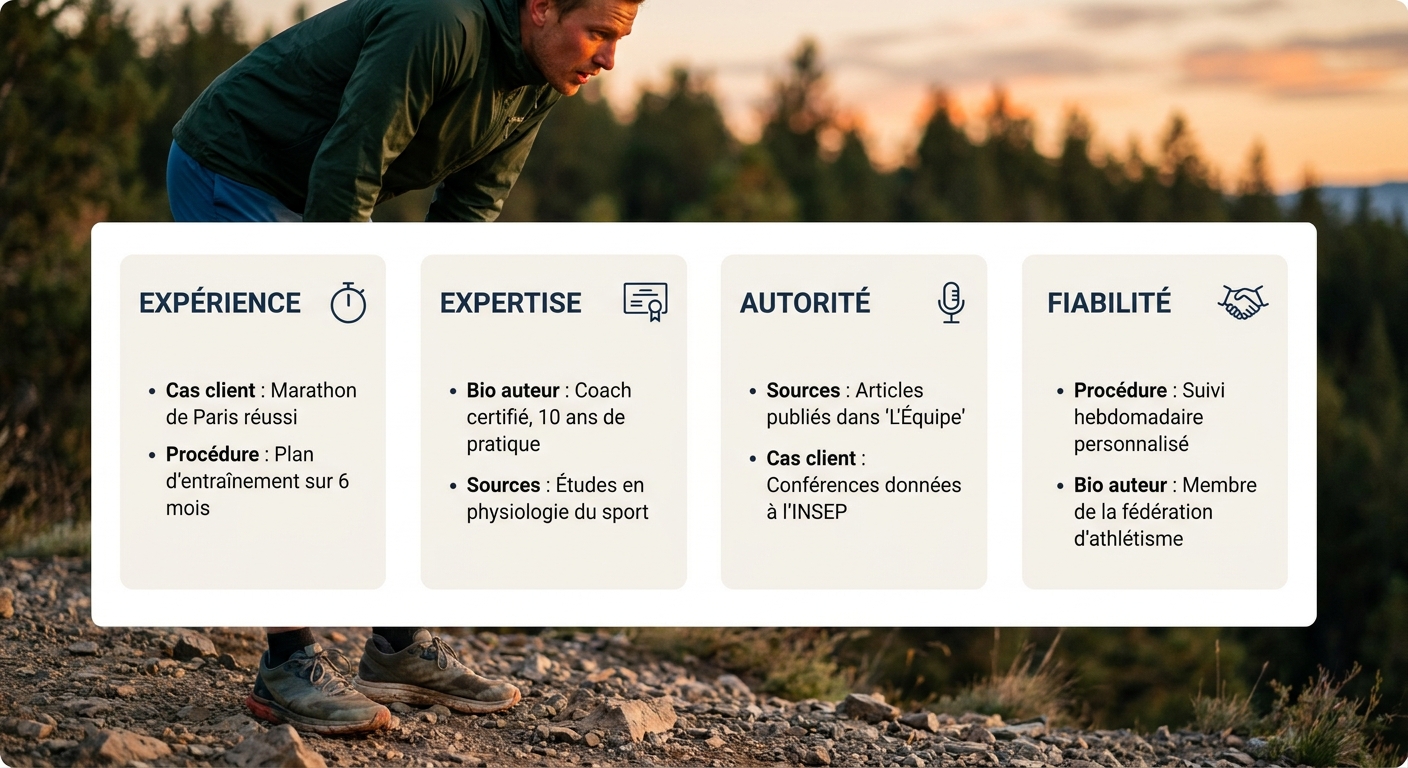 Infographie listant des exemples de preuves pour renforcer l'E-E-A-T d'un article