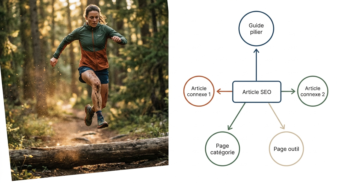 Infographie montrant un exemple de maillage interne autour d'un article SEO