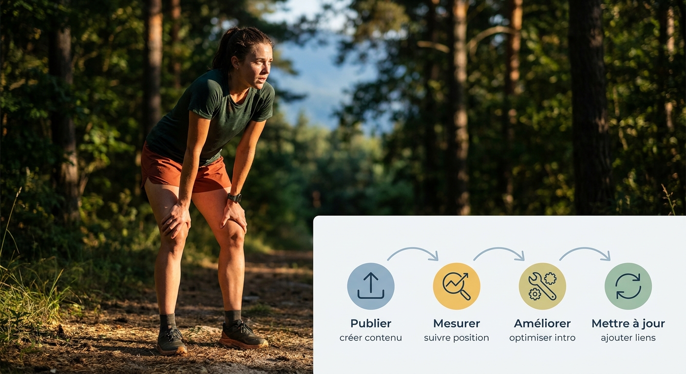 Infographie illustrant le cycle publier, mesurer, améliorer et mettre à jour un article SEO