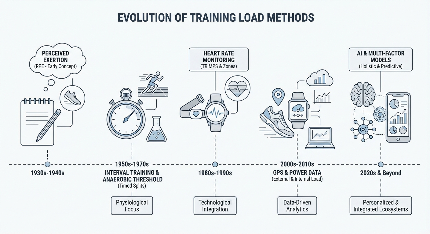 Frise chronologique de l'évolution des méthodes de quantification de la charge d'entraînement de 1930 à 2023