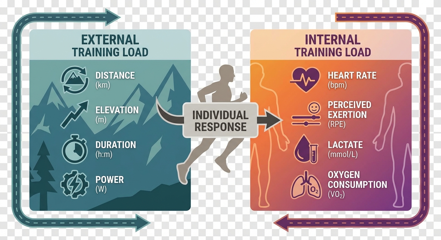 Schéma explicatif de la différence entre charge externe et charge interne en trail running