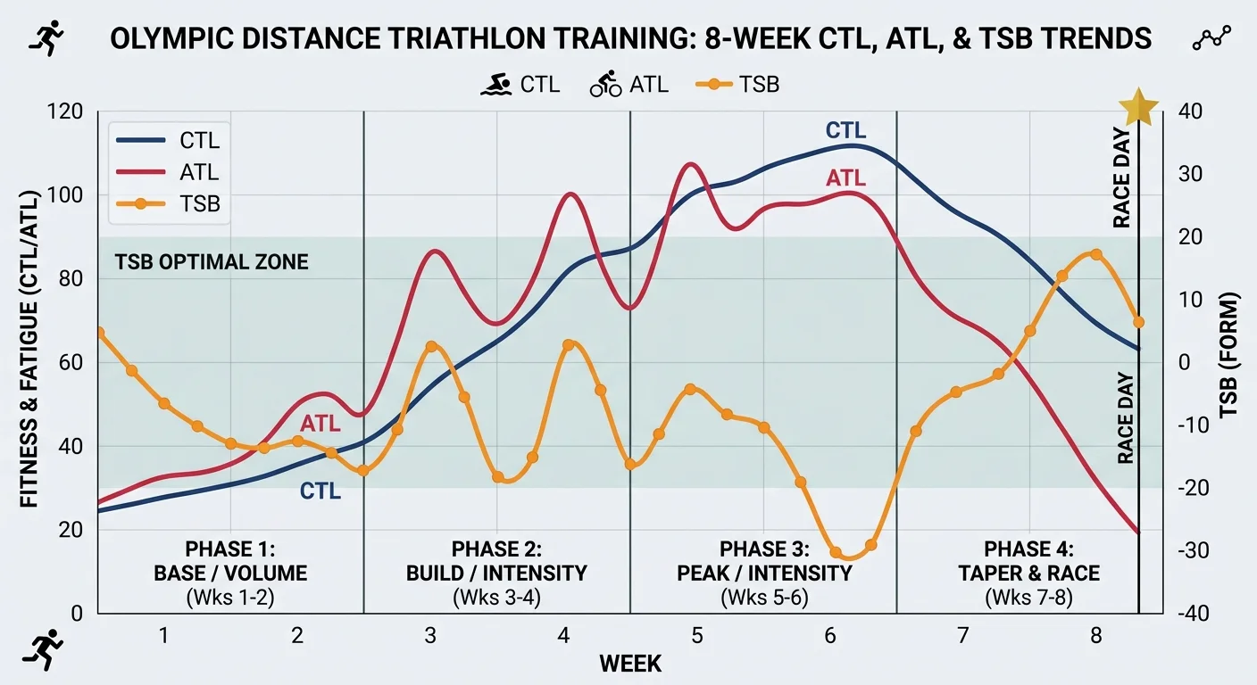 Courbes CTL ATL et TSB sur 8 semaines de préparation triathlon