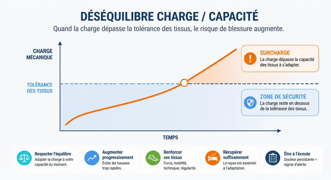 Schéma illustrant le déséquilibre entre charge mécanique et tolérance des tissus chez le coureur