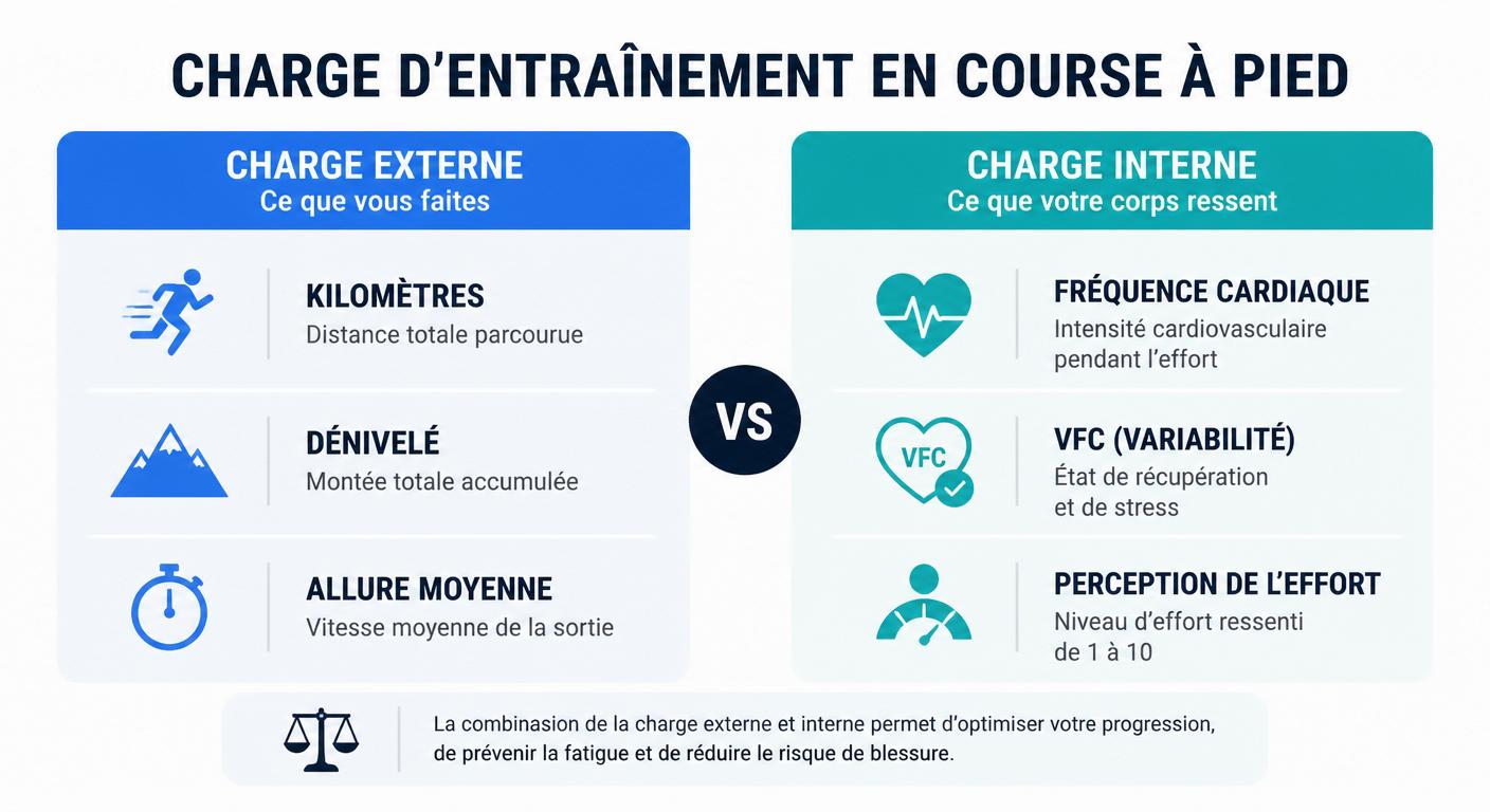 Comparatif visuel entre charge externe et charge interne en course à pied