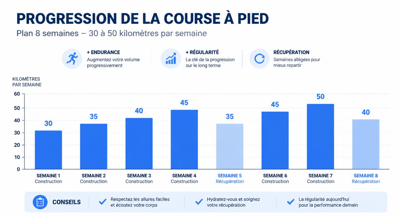 Graphique de progression hebdomadaire de 30 à 50 km sur 8 semaines