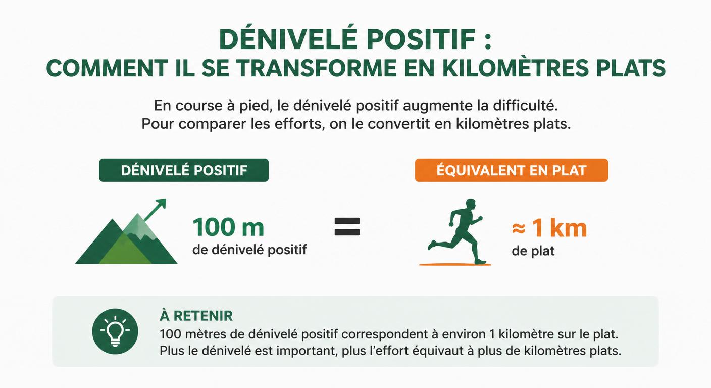 Schéma d'équivalence entre dénivelé positif et kilométrage plat