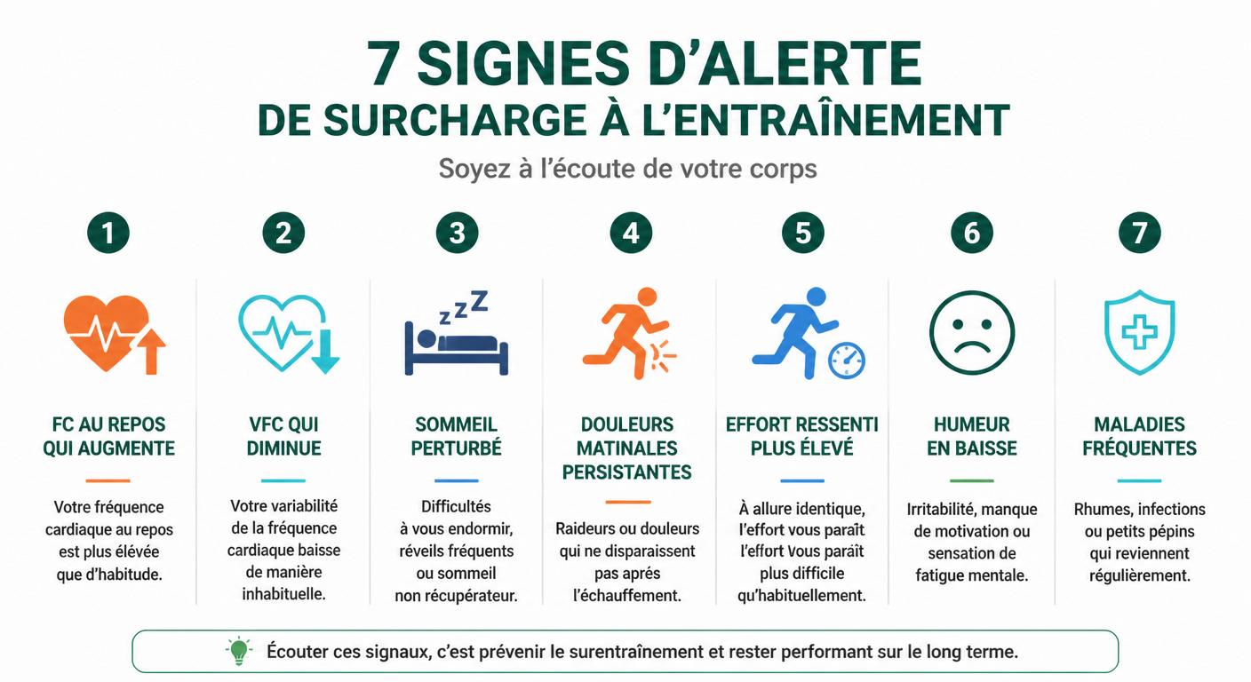 Infographie listant sept signaux d'alerte d'une surcharge d'entraînement chez le coureur