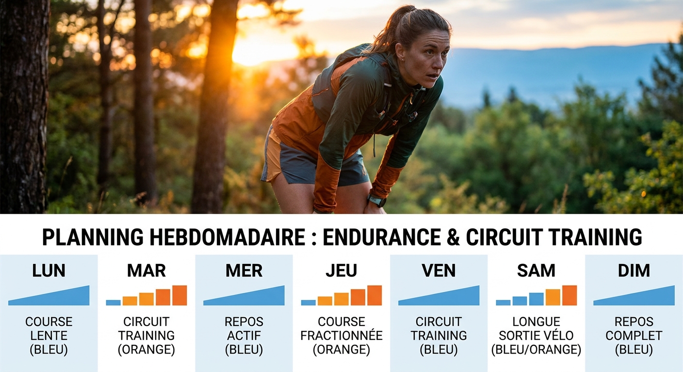Infographie de la semaine type avec circuit training intégré au plan d'endurance