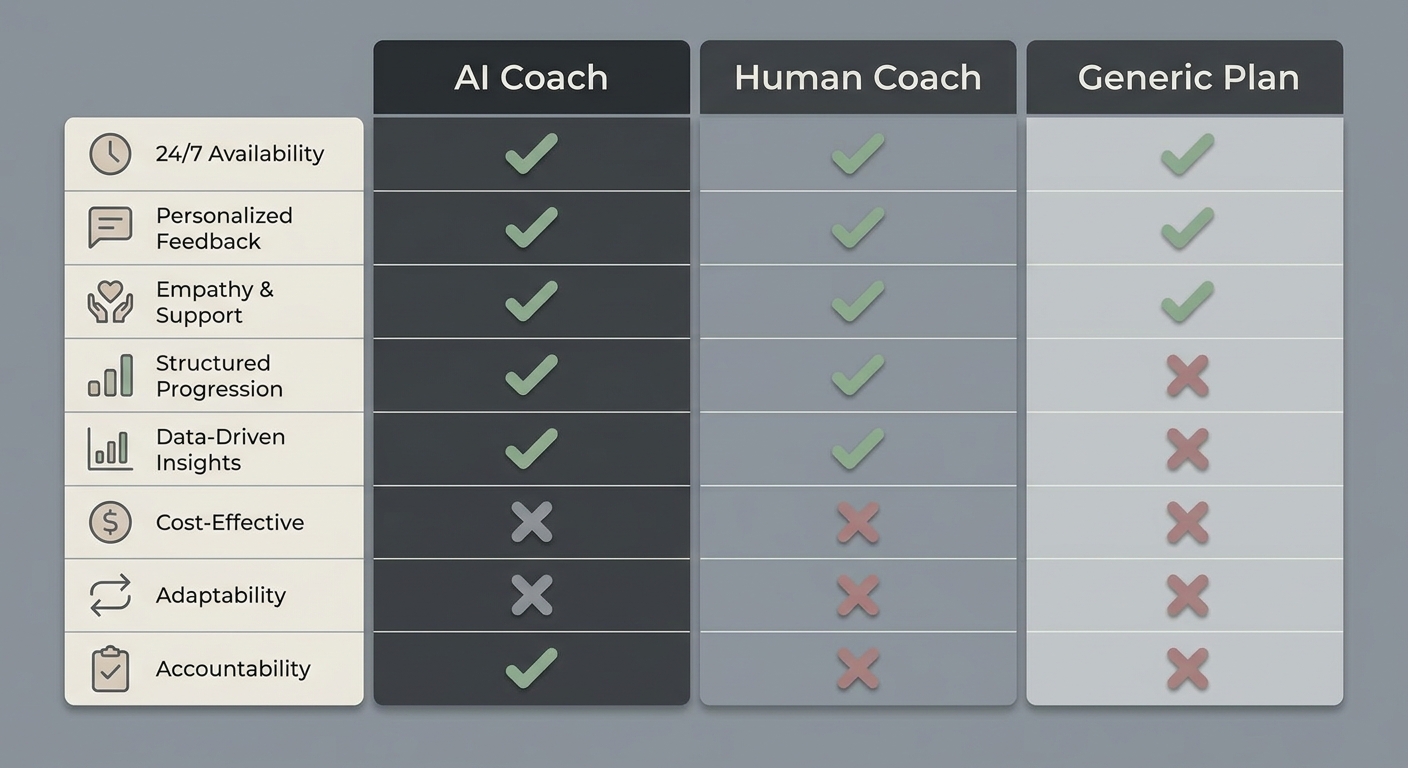 Comparatif coach IA, entraîneur humain et plan générique