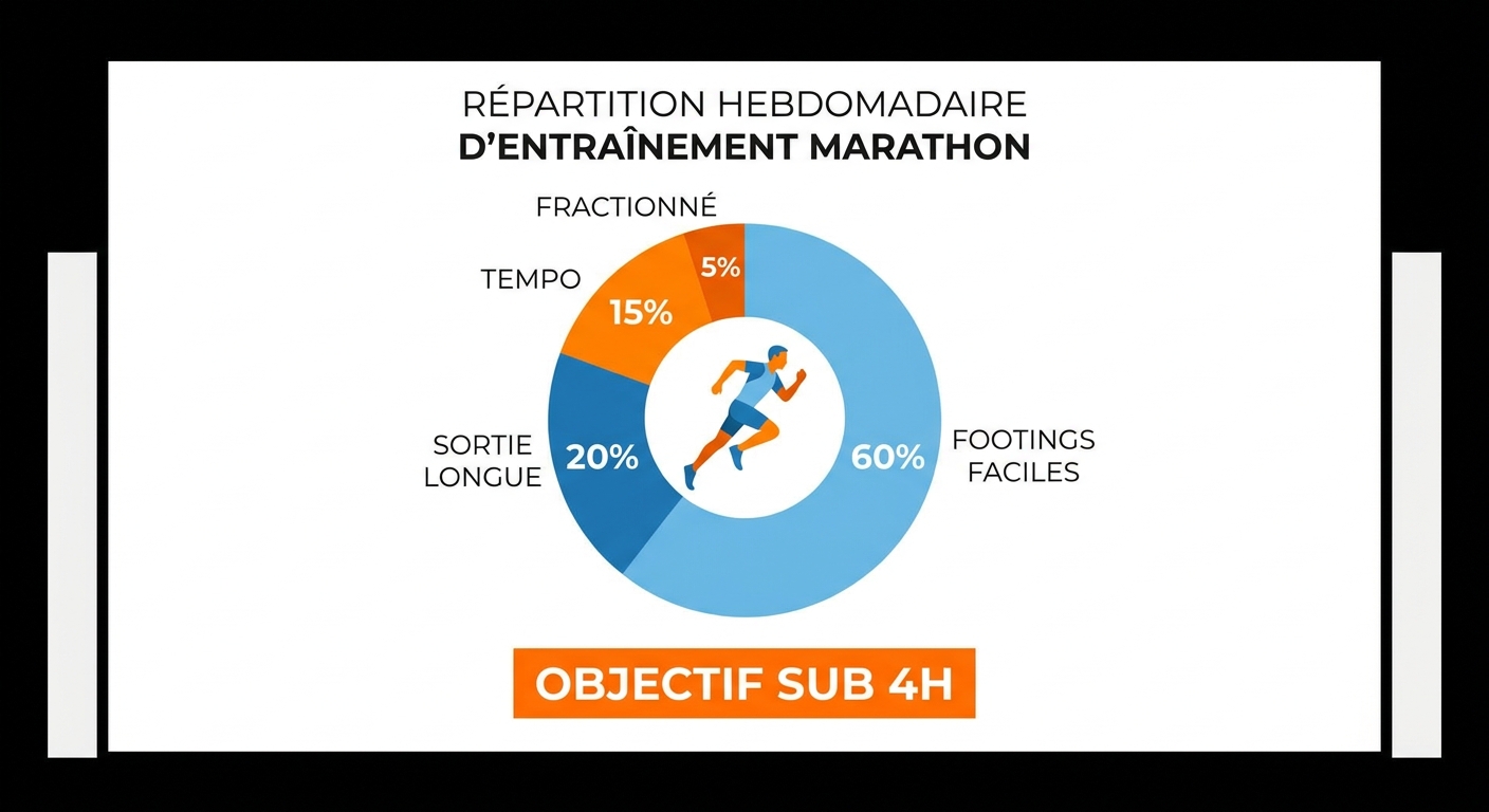 Infographie de la répartition hebdomadaire pour un marathon en moins de 4 heures