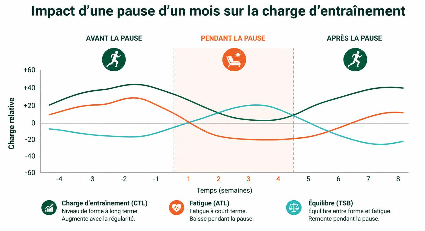 Courbe de charge d'entraînement CTL ATL TSB pendant et après une pause running