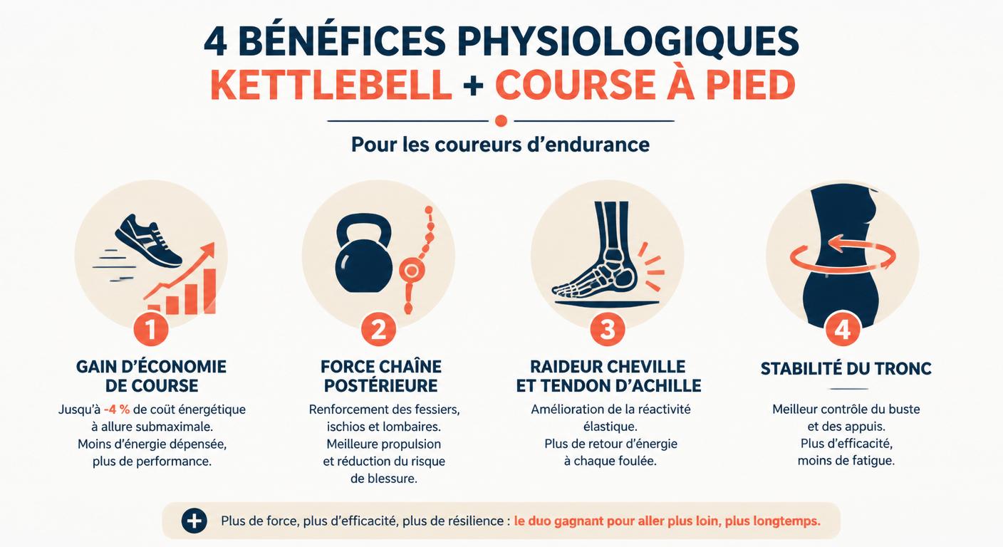 Infographie des bénéfices physiologiques du programme kettlebell et course à pied