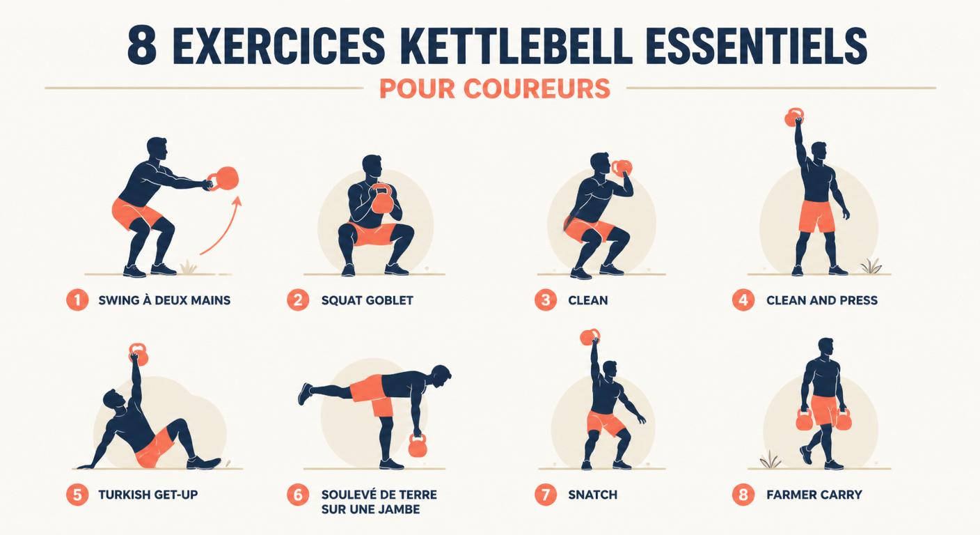 Infographie des huit exercices kettlebell les plus utiles pour le coureur