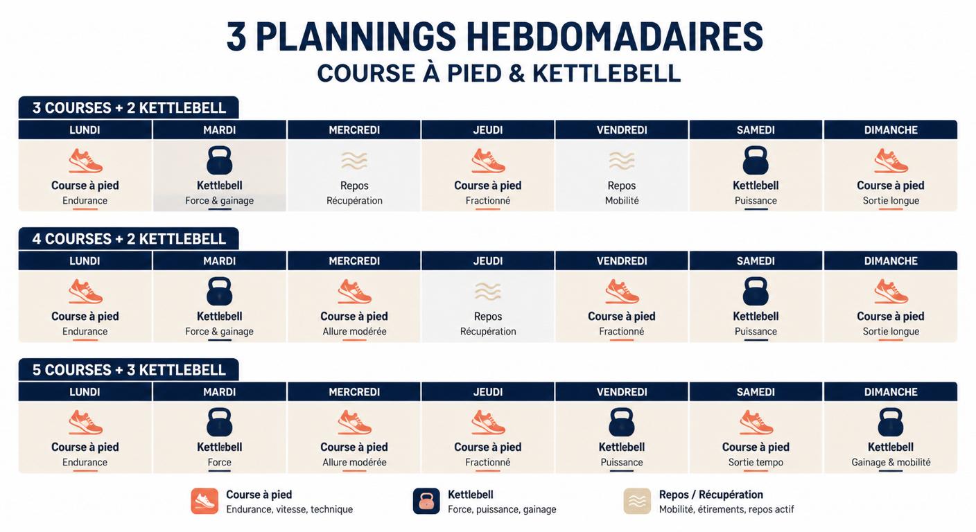 Infographie de trois planning hebdomadaires combinant kettlebell et course à pied