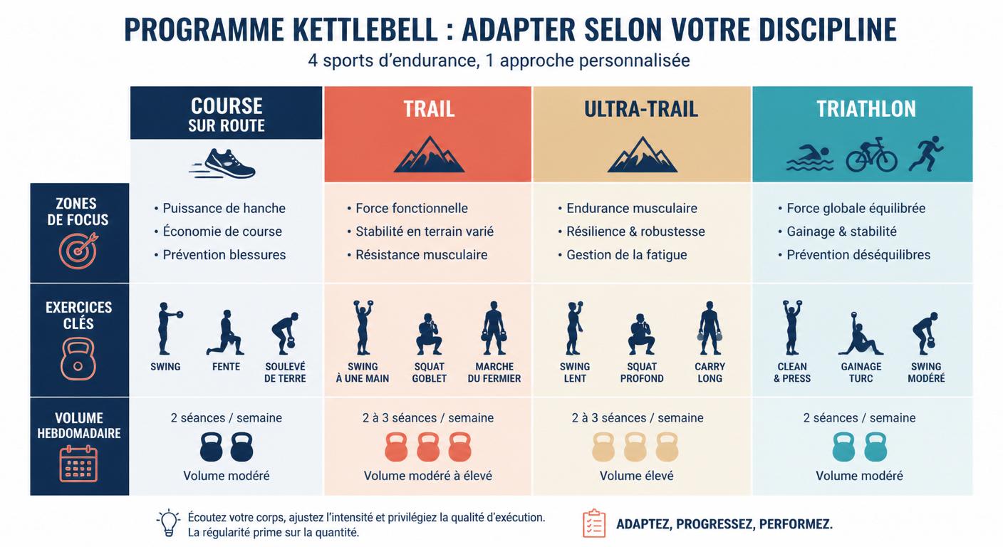 Infographie d'adaptation du programme kettlebell selon trail, ultra et triathlon