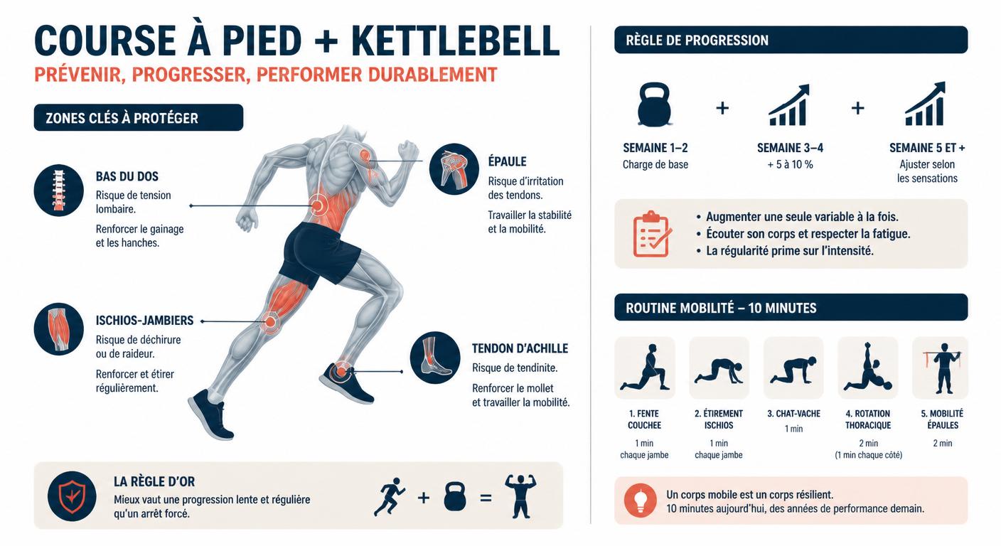 Infographie de prévention des blessures pour un programme kettlebell et course à pied