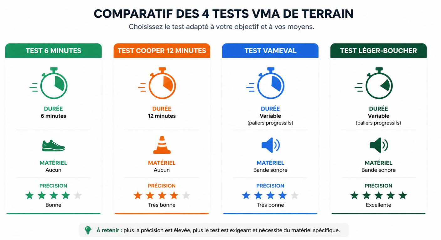 Comparatif visuel des quatre tests VMA avec durée et précision