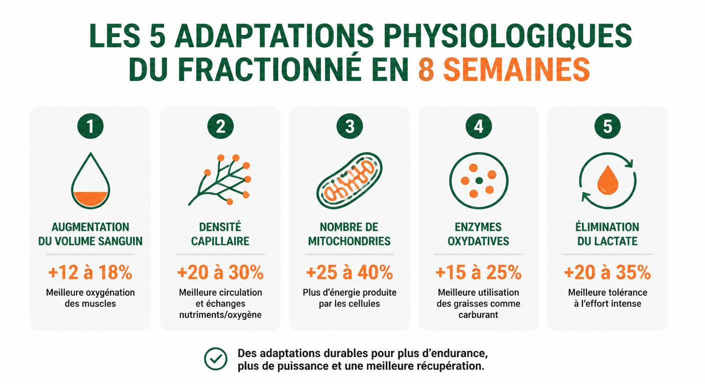 Schéma des cinq adaptations physiologiques au fractionné en huit semaines