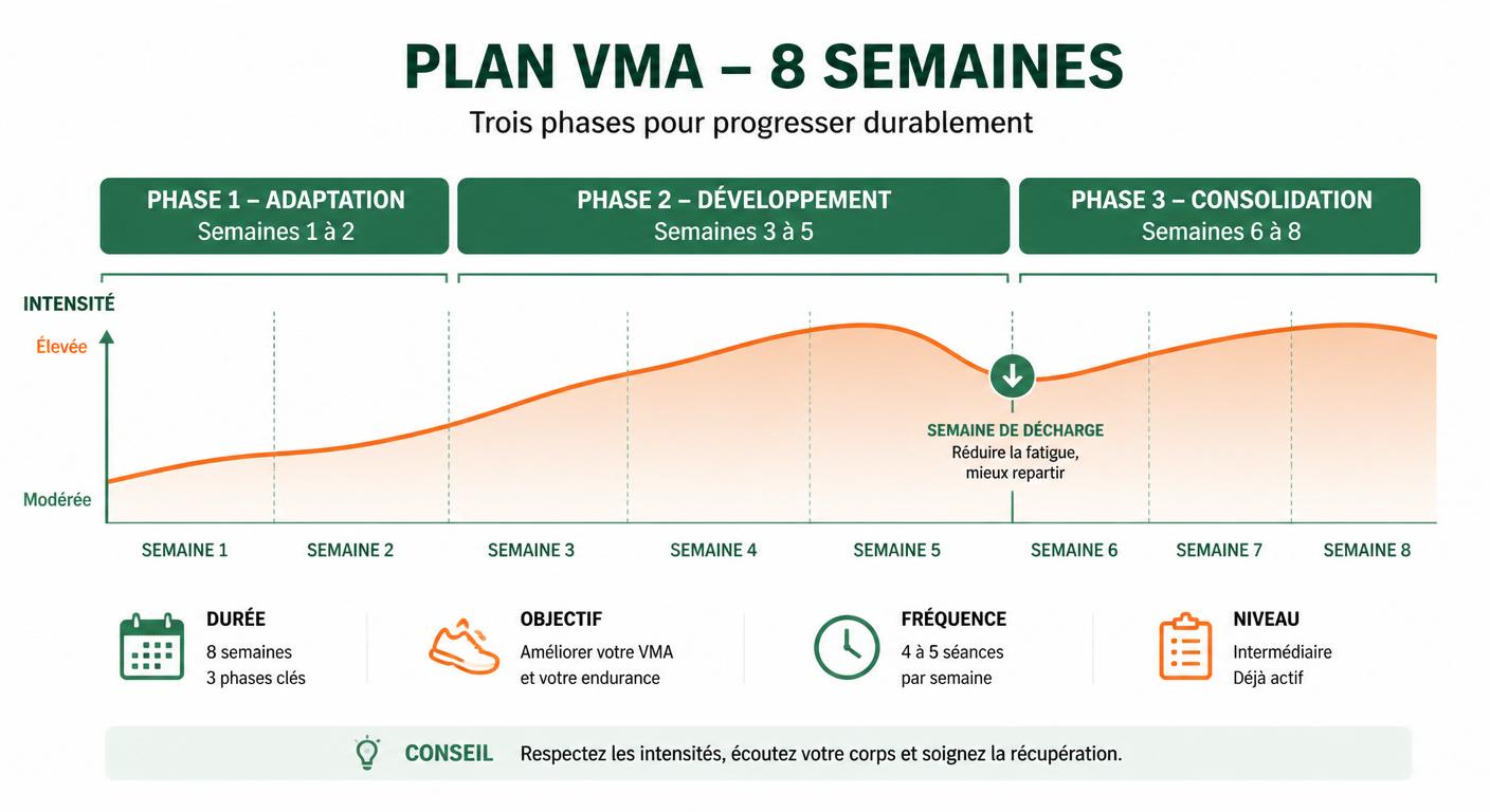 Timeline du plan VMA 8 semaines avec ses trois phases de progression