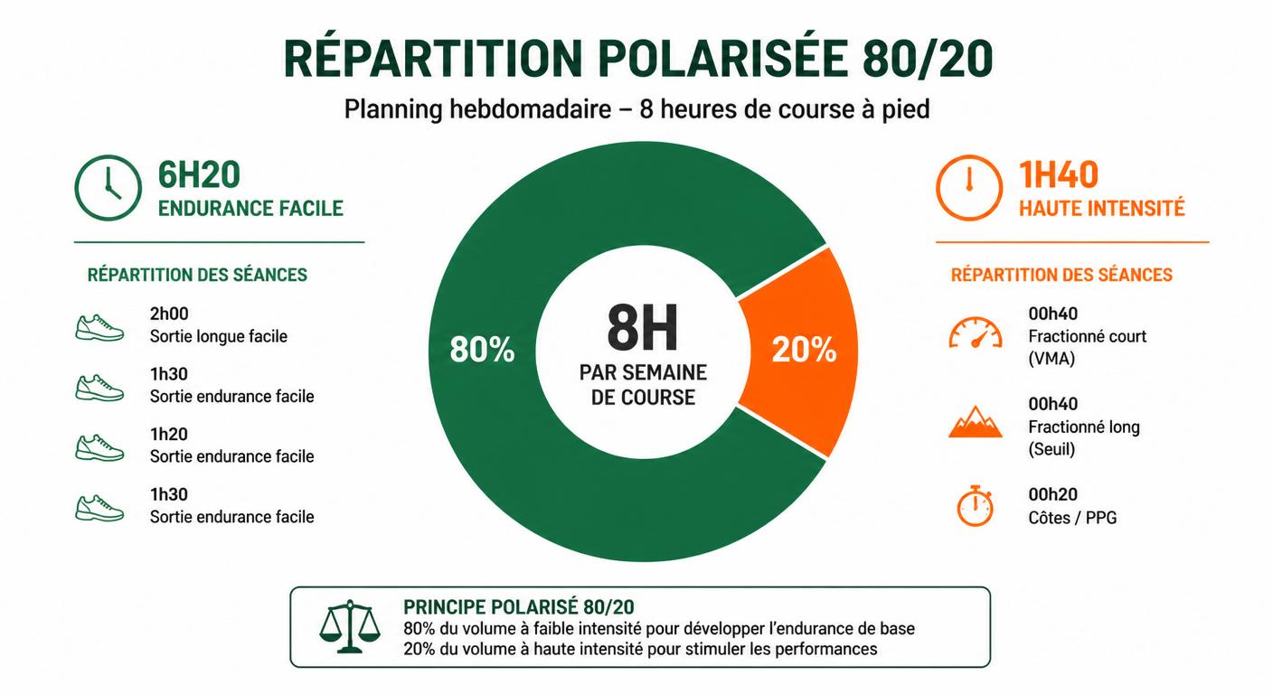 Diagramme circulaire de la répartition polarisée 80/20 sur huit heures hebdomadaires