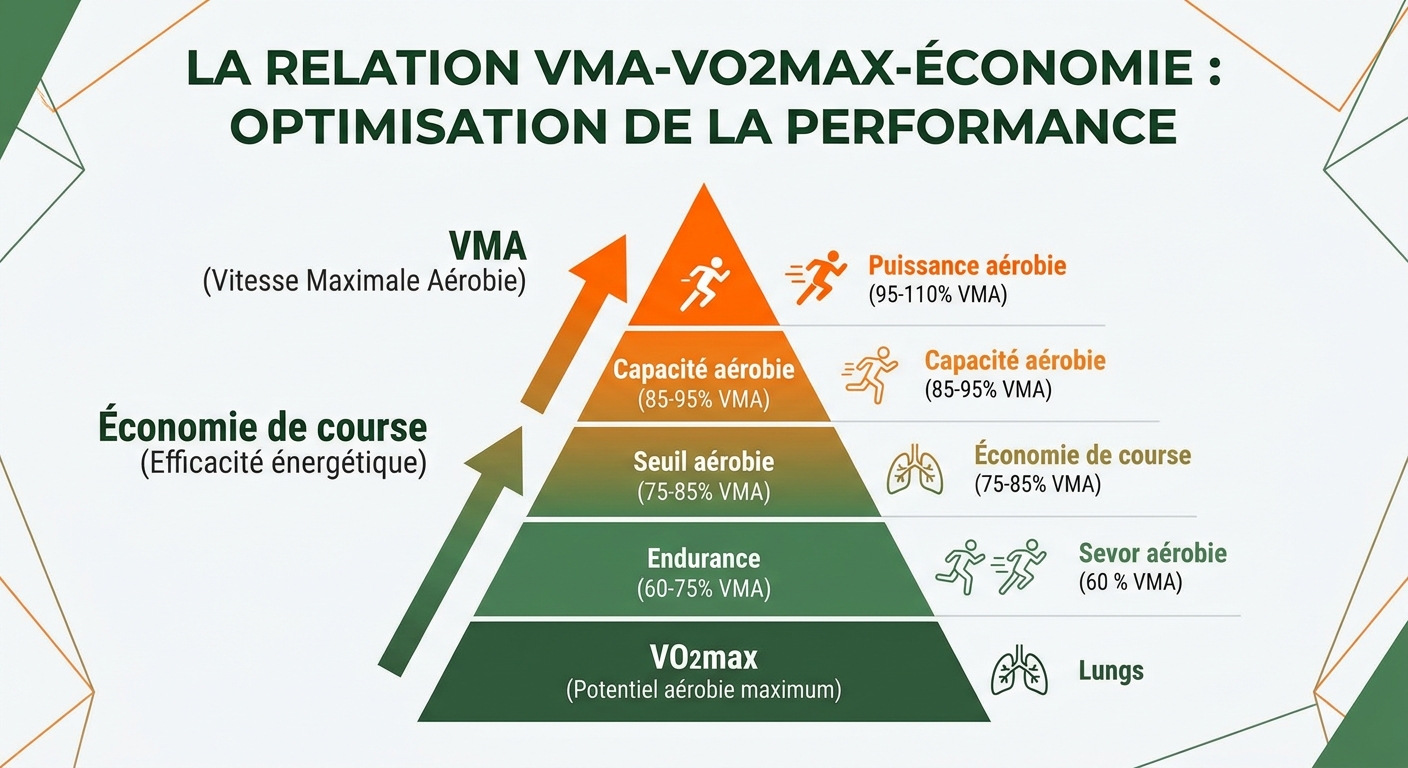 Schéma de la relation entre VMA, VO2max et économie de course avec les zones d'entraînement