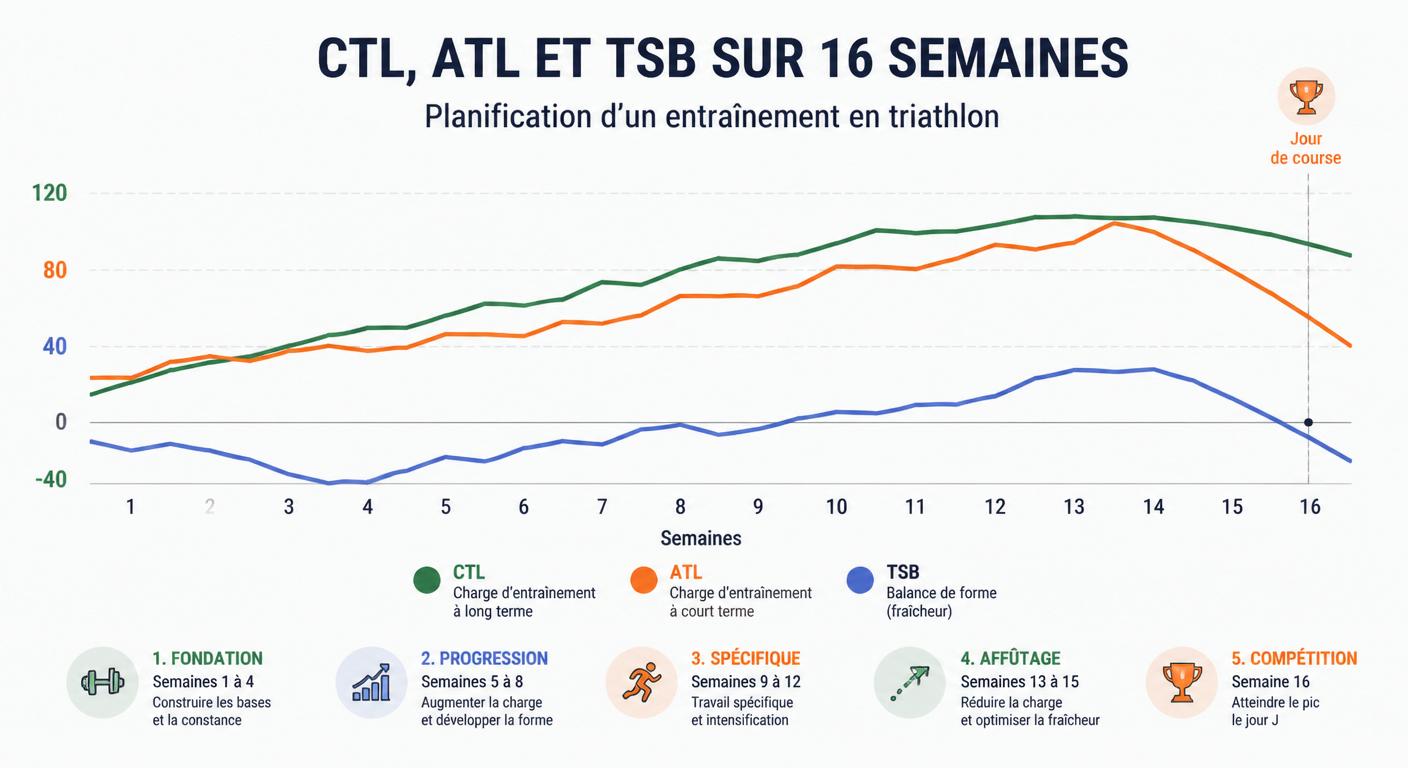 Infographie des courbes CTL ATL TSB sur 16 semaines de triathlon