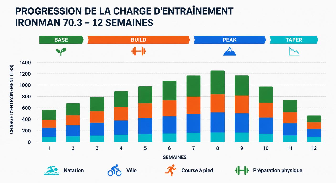Infographie d'un plan de charge 12 semaines pour Ironman 70.3