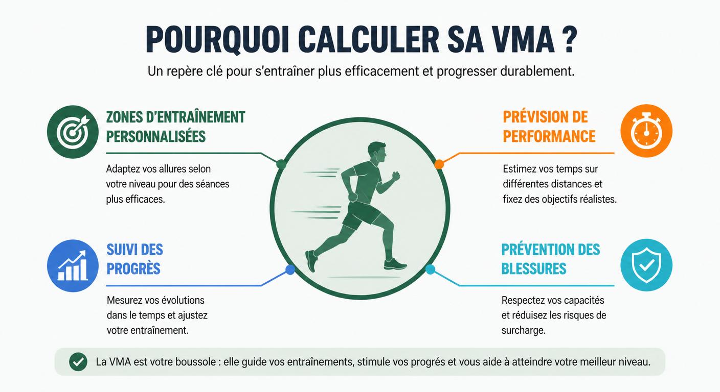 Infographie des quatre bénéfices du calcul de la VMA en course à pied
