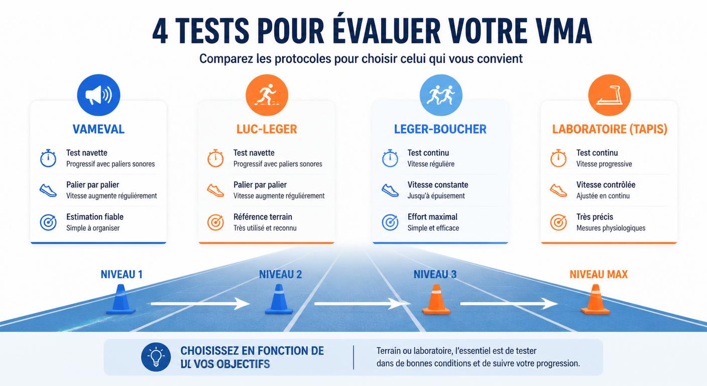 Infographie comparant les tests à paliers Vameval, Luc-Léger et Léger-Boucher pour calculer sa VMA