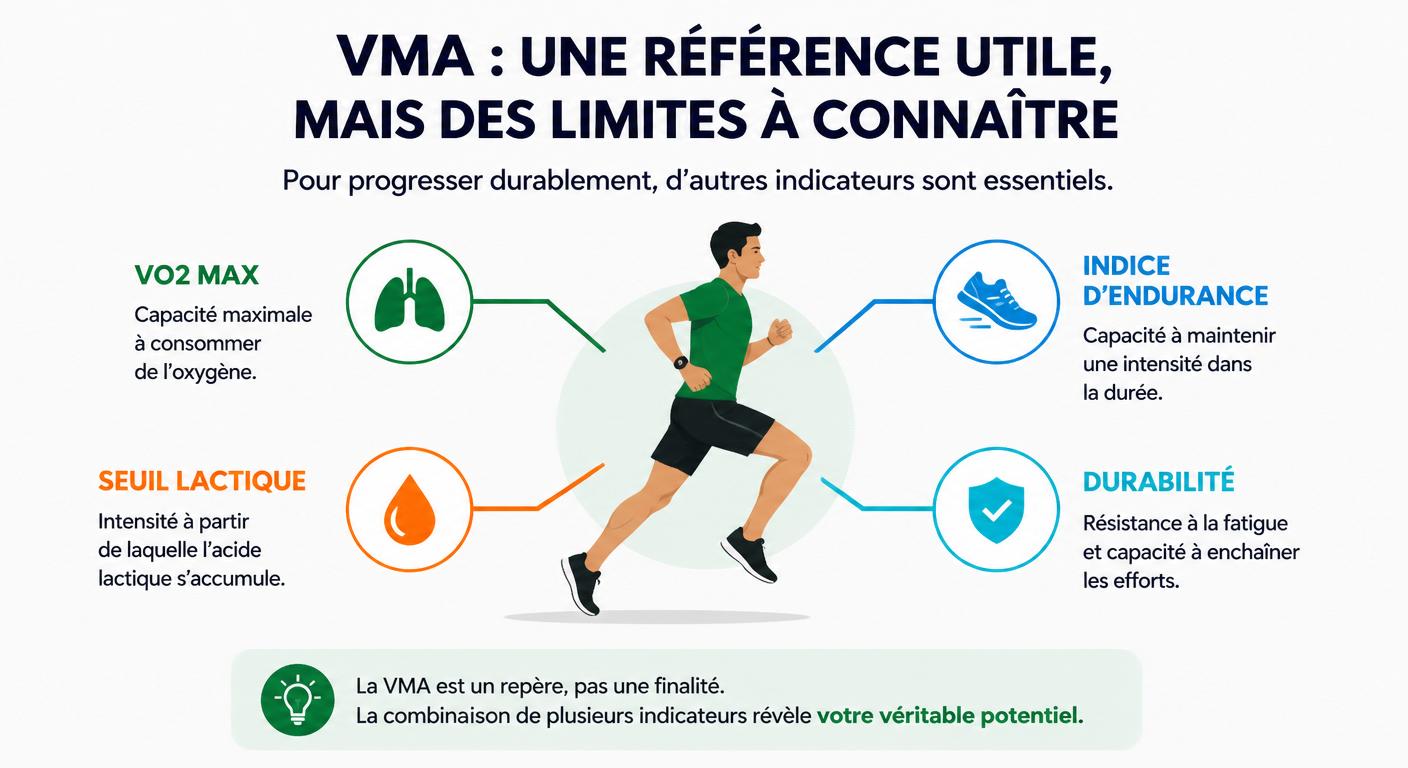 Infographie des limites de la VMA et des indicateurs complémentaires : VO2 max, seuil, indice d'endurance, durabilité