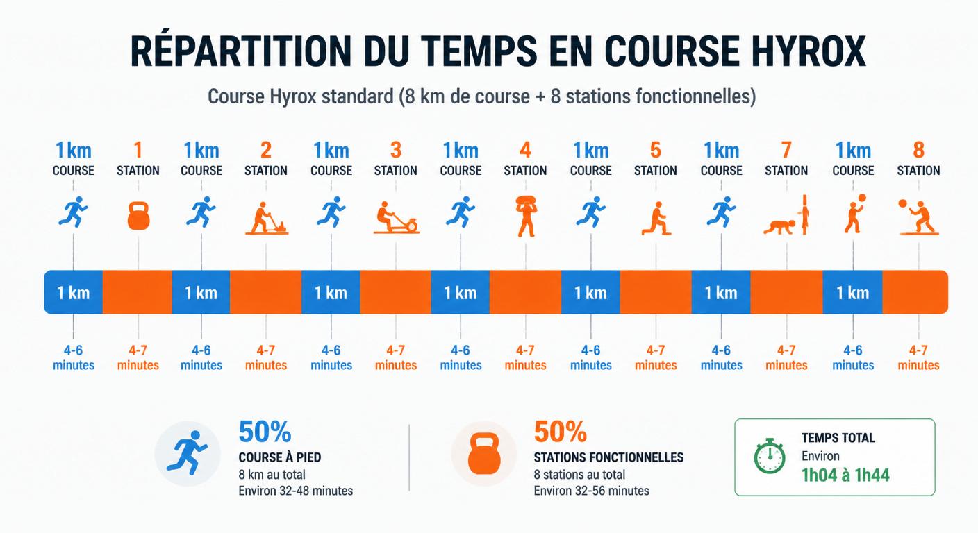 Infographie de la répartition du temps entre course et stations sur un Hyrox