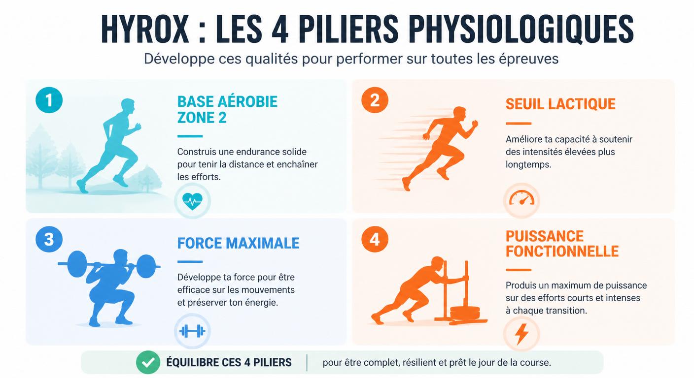 Infographie des quatre piliers physiologiques de l'entraînement Hyrox combiné