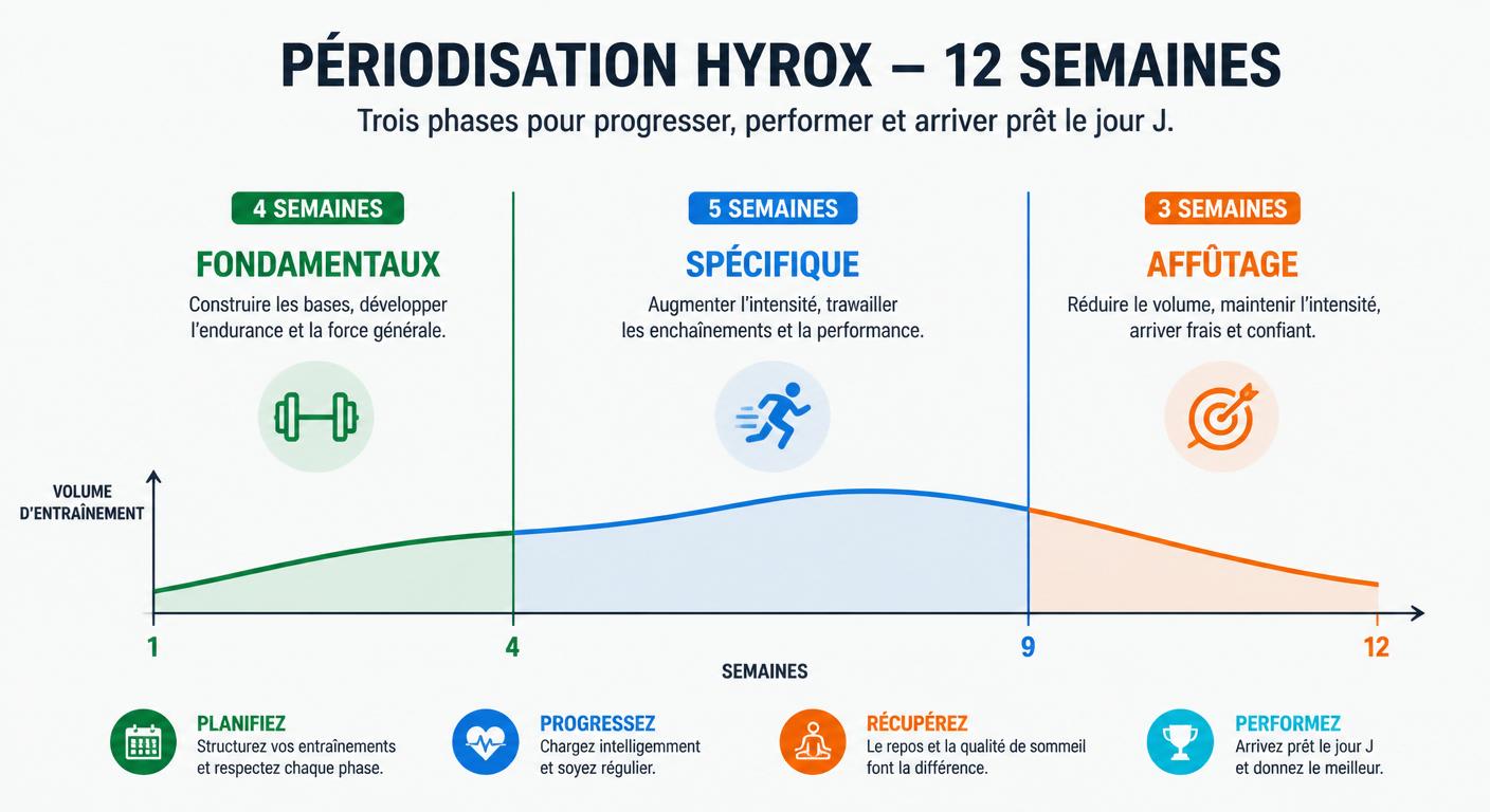Infographie de la périodisation d'un plan d'entraînement Hyrox sur 12 semaines