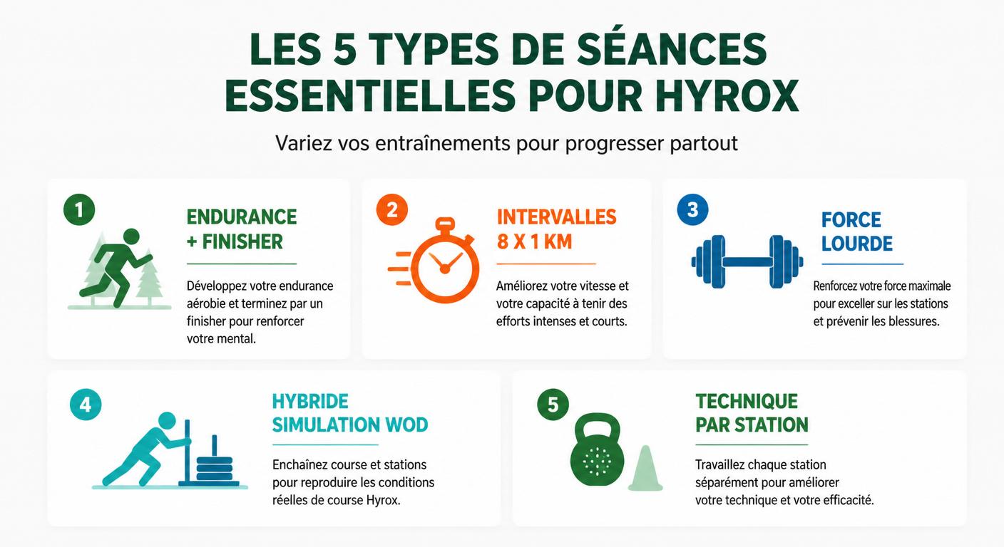 Infographie des cinq séances types pour intégrer running et musculation dans un programme Hyrox