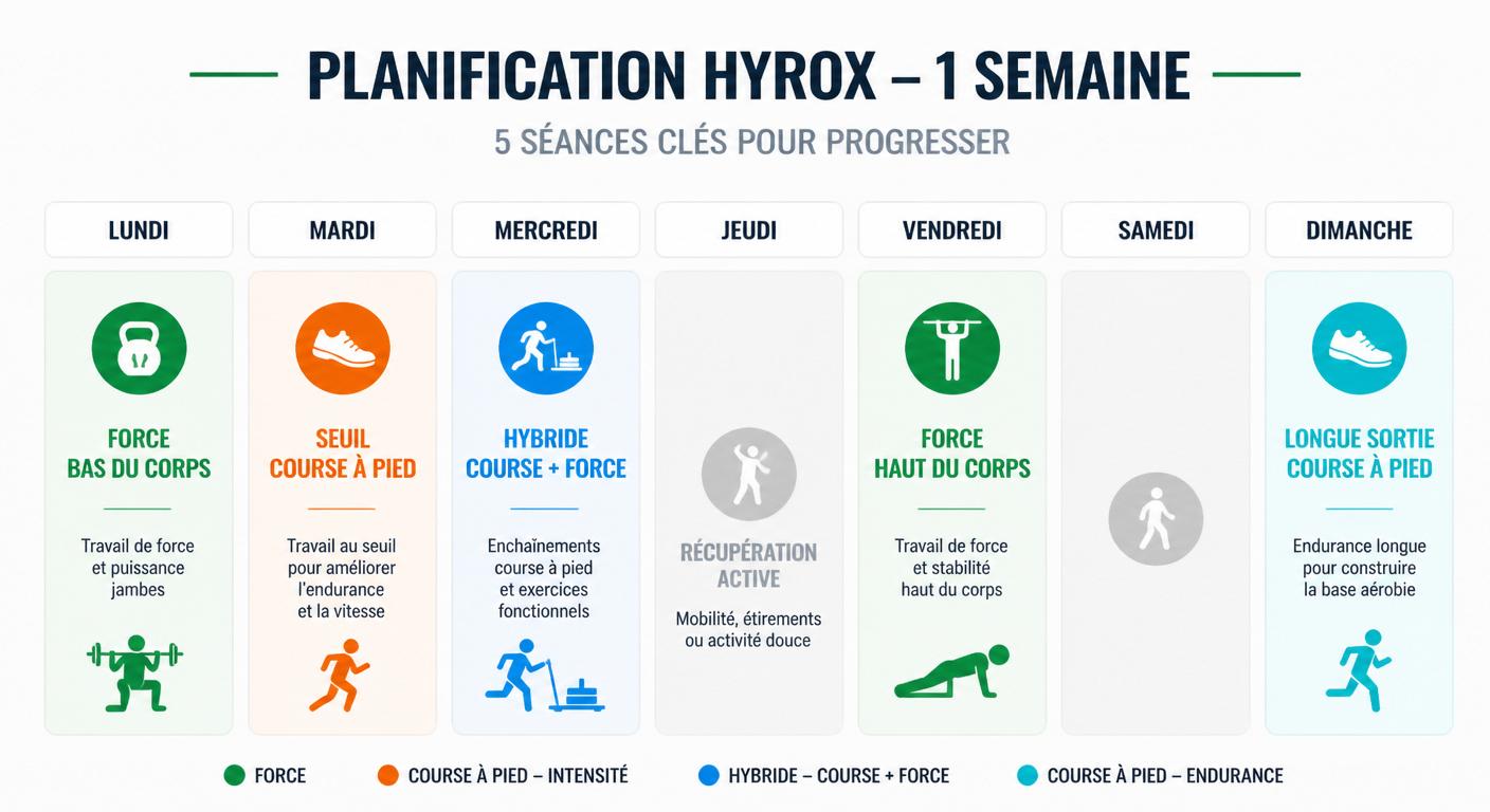Infographie du planning hebdomadaire Hyrox cinq séances combinant course et force