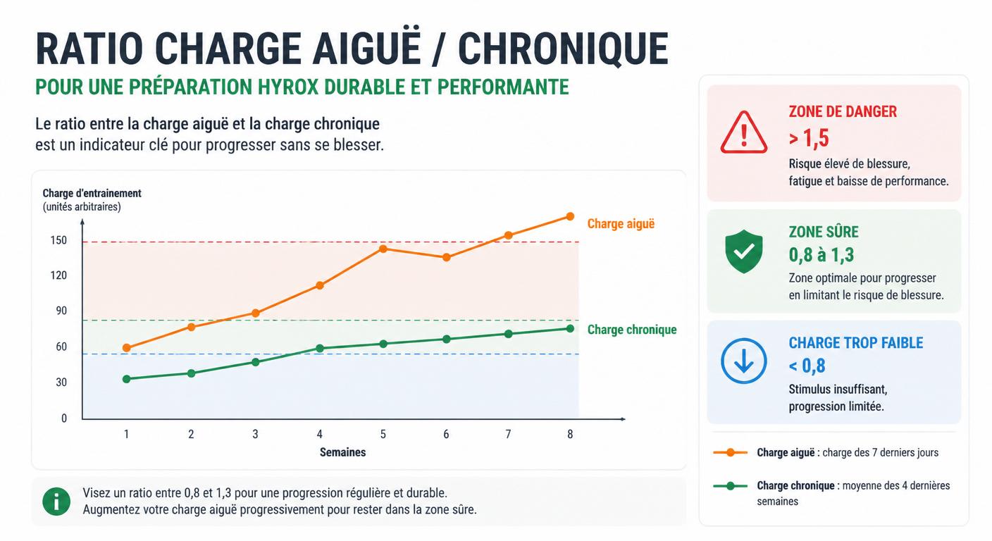 Infographie du ratio charge aiguë sur charge chronique en préparation Hyrox