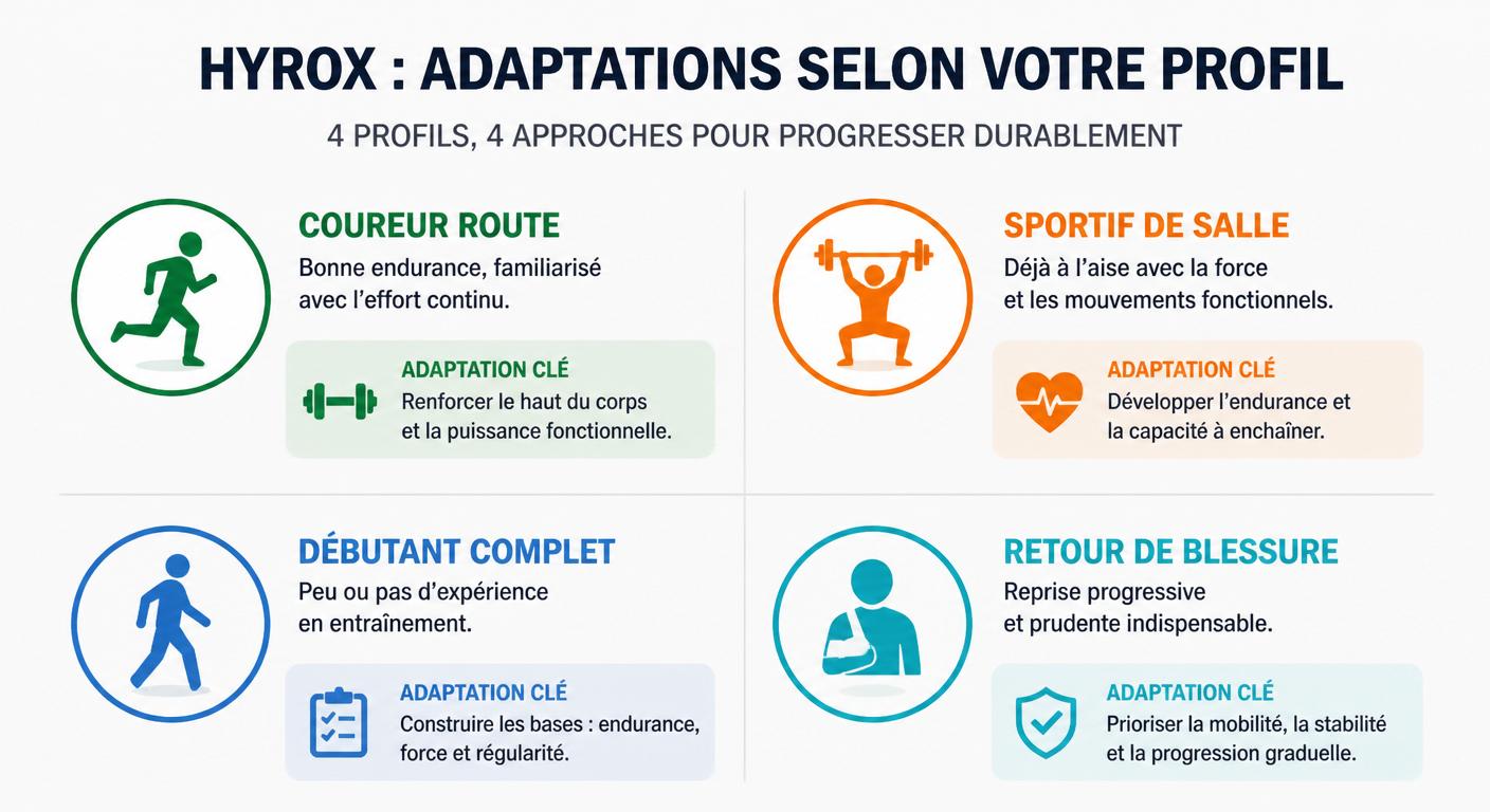 Infographie des quatre profils d'athlètes et adaptations du programme Hyrox